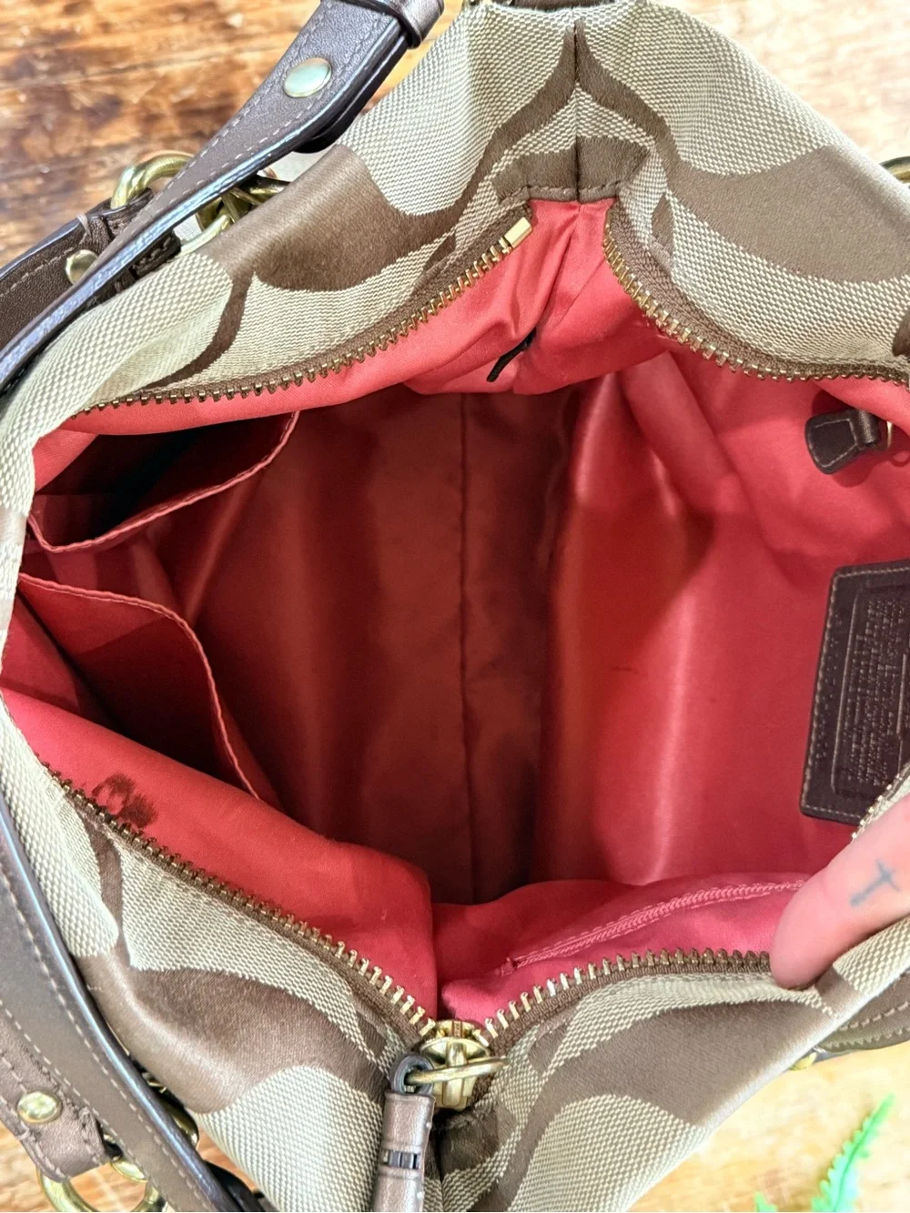 Coach Brown and Tan Canvas Shoulder Bag with Gold Hardware